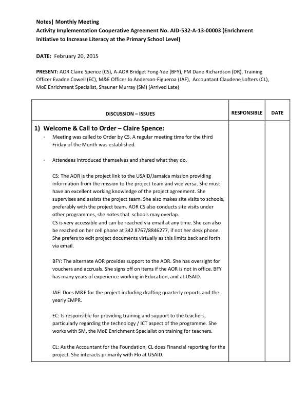 Minutes - Activity Implementation Cooperative Agreement No. AID-532-A-13-00003 (Enrichment Initiative to Increase Literacy at the Primary School Level)