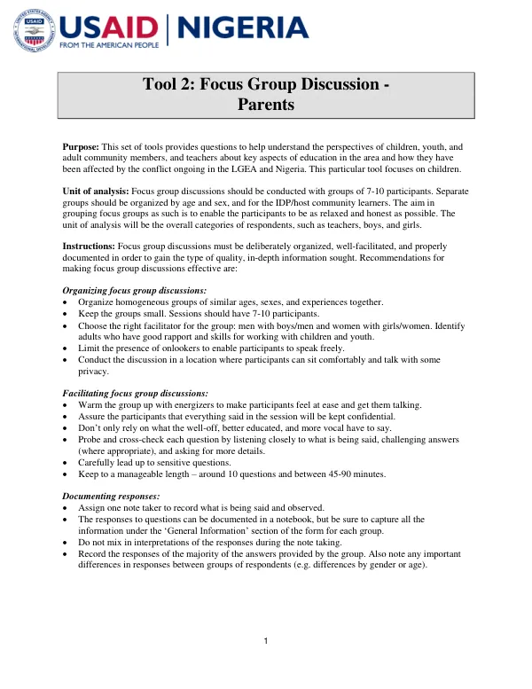 Focus Group Discussion Tools for Children, Youth, and Adults in the LGEA and Nigeria