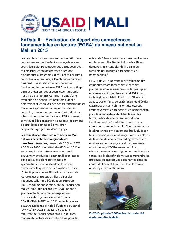 EdData II – Évaluation de départ des compétences fondamentales en lecture (EGRA) au niveau national au Mali en 2015