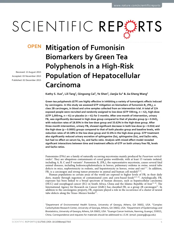 Mitigation of Fumonisin Biomarkers by Green Tea Polyphenols in a High-Risk Population of Hepatocellular Carcinoma