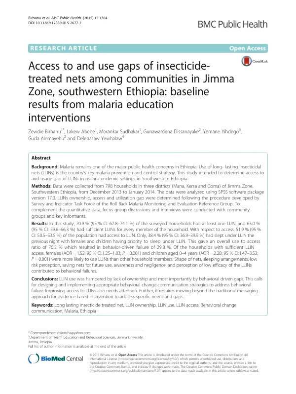 Access to and use gaps of insecticide-treated nets among communities in Jimma Zone, southwestern Ethiopia: baseline results from malaria interventions