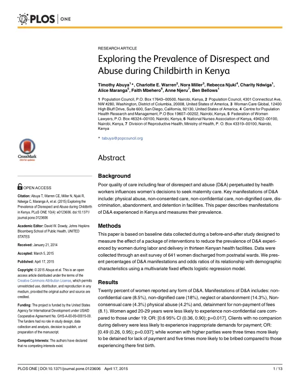 Exploring the Prevalence of Disrespect and Abuse during Childbirth in Kenya