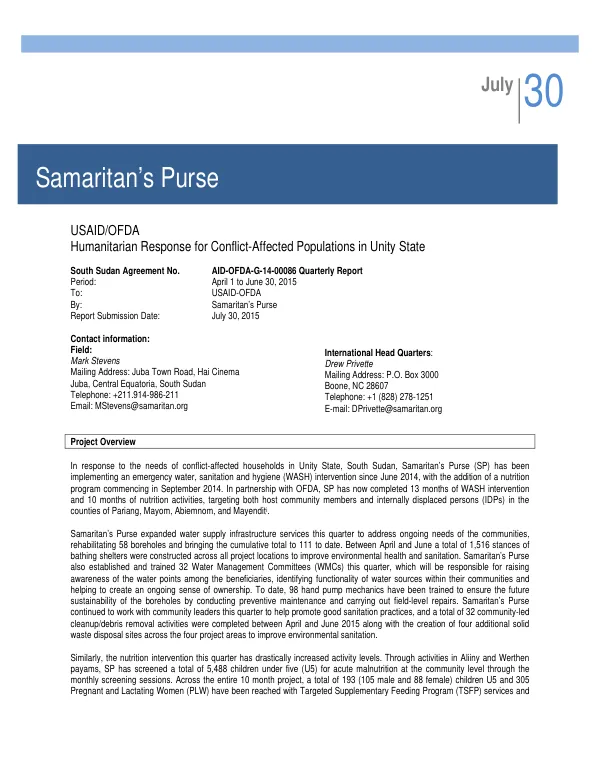 Humanitarian Response for Conflict-Affected Populations in Unity State – SP – Q2 Report