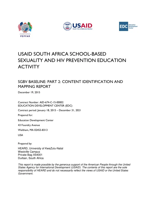 USAID SOUTH AFRICA SCHOOL-BASED SEXUALITY AND HIV PREVENTION EDUCATION ACTIVITY SGBV BASELINE: PART 2: CONTENT IDENTIFICATION AND MAPPING REPORT