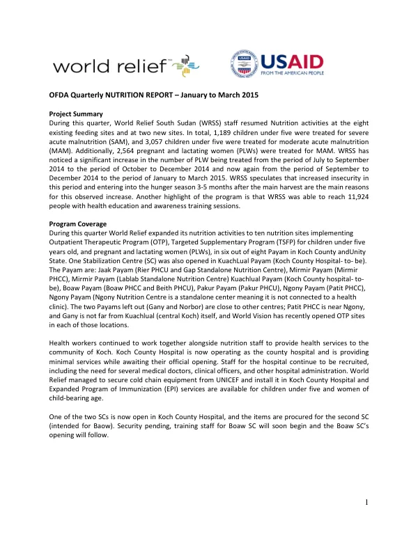 OFDA Quarterly NUTRITION REPORT – January to March 2015
