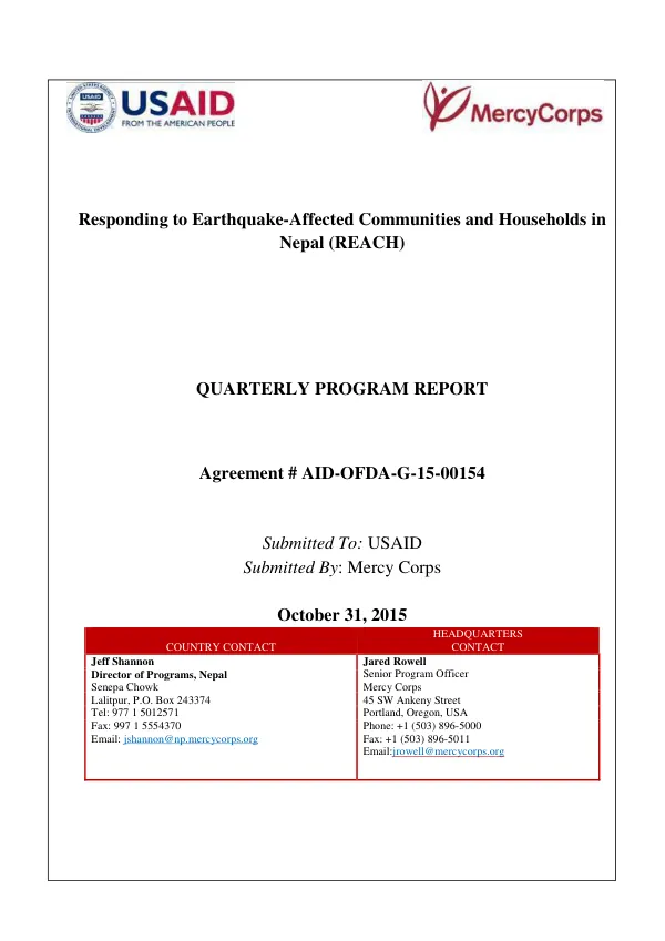 Responding to Earthquake-Affected Communities and Households in Nepal (REACH) Quarterly Program Report