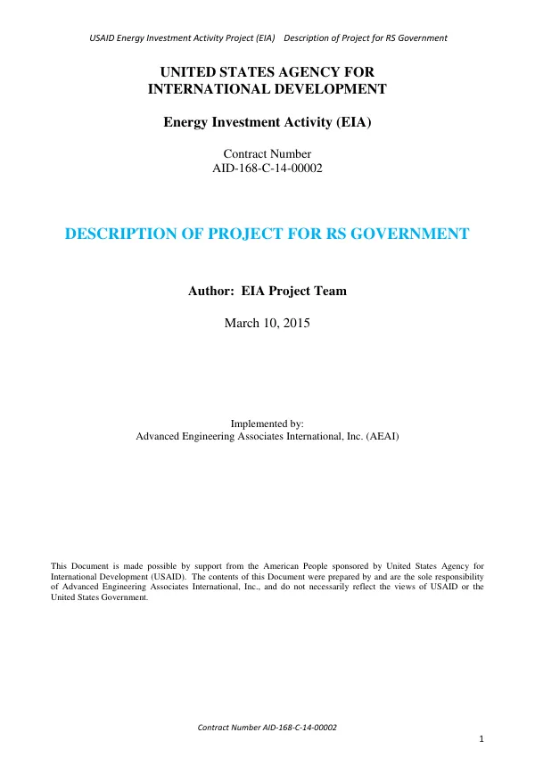 USAID Energy Investment Activity Project (EIA) Description of Project for RS Government