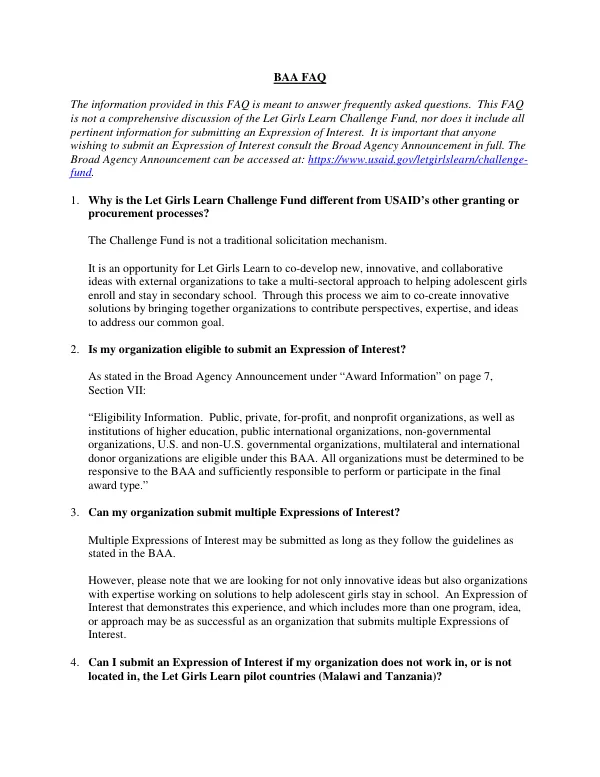 Let Girls Learn Challenge Fund BAA FAQ