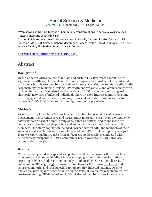 Wan Kanyakla (We are together): Community transformations in Kenya following a social network intervention for HIV care