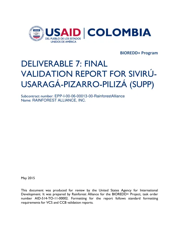 Final Validation Report for Sivirú-USARAGÁ-PIZARRO-PILIZÁ (SUPP) REDD+ Project
