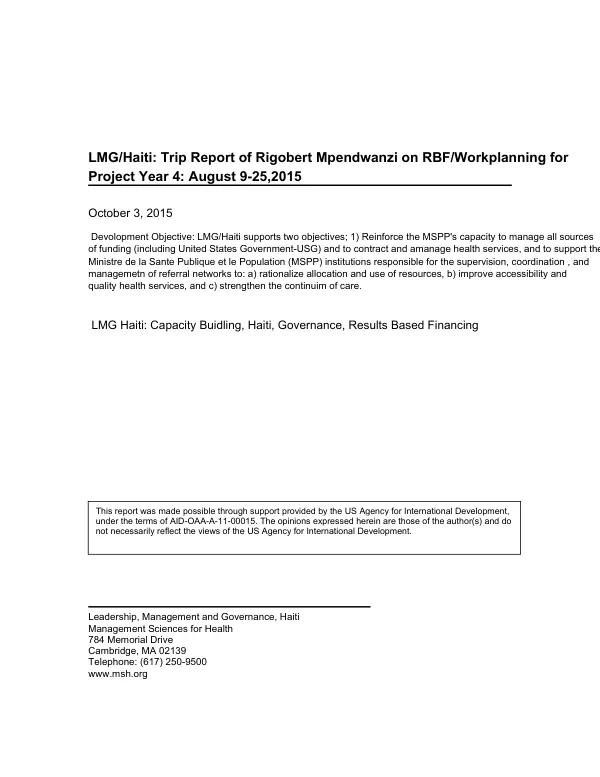 LMG/Haiti Trip Report: Design of Results-based Financing (RBF) Project Year 4 Workplan
