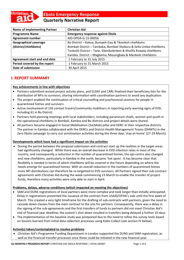 Q1 Monthly Progress Report: Christian Aid Ebola Response | OFDA Grant