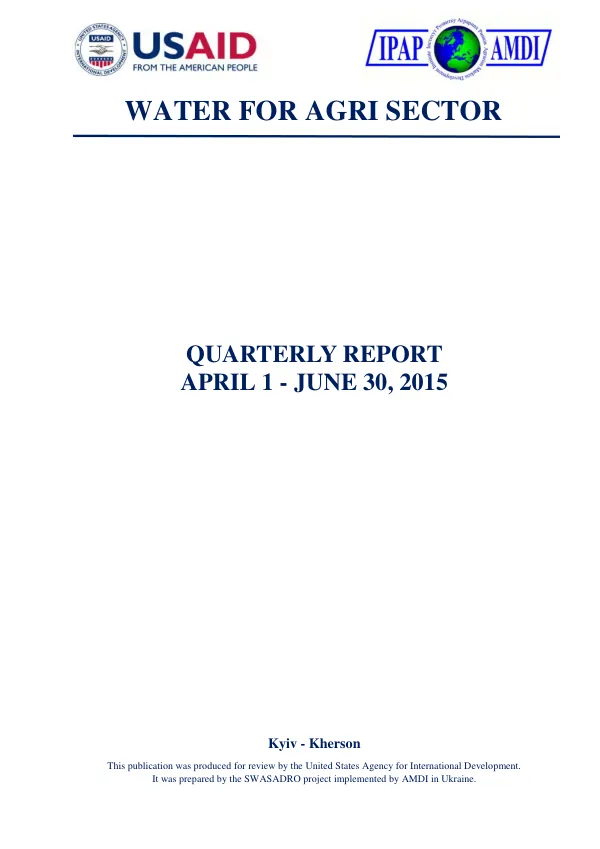 Sustainable Water Supply for Agriculture Development Roll-Out, Q3 Report, FY15
