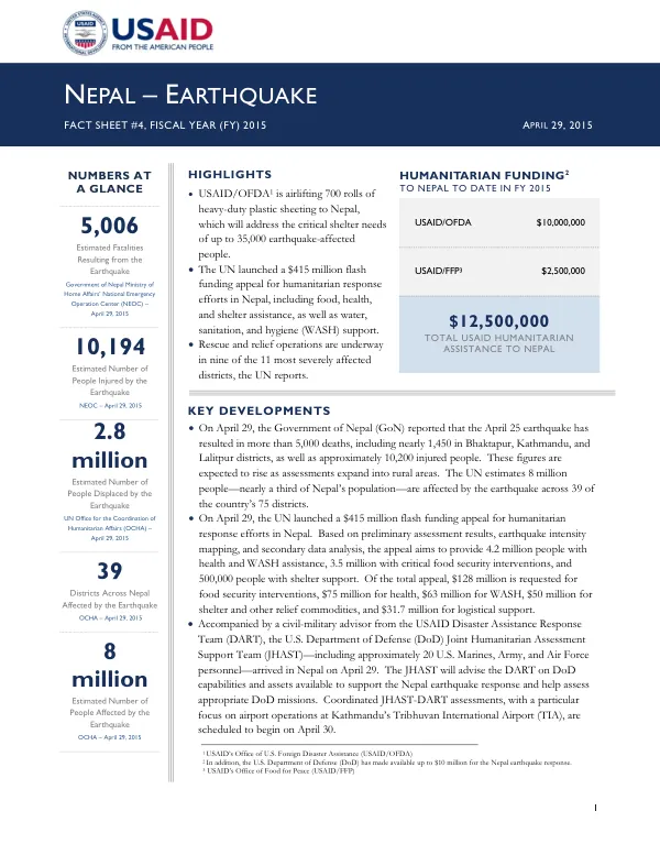 Nepal – Earthquake Fact Sheet #4, Fiscal Year (FY) 2015