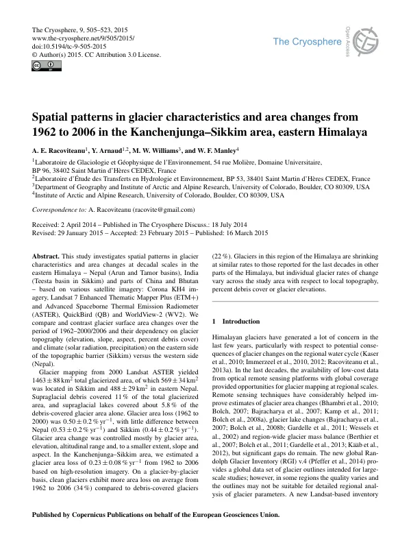 Spatial patterns in glacier characteristics and area changes from 1962 to 2006 in the Kanchenjunga–Sikkim area, eastern Himalaya