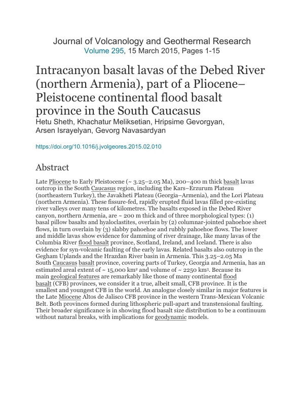 Journal of Volcanology and Geothermal Research: Intracanyon basalt lavas of the Debed River, northern Armenia
