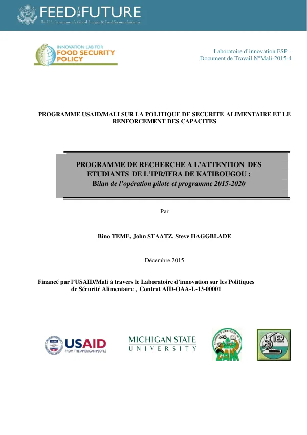 Final Report: Programme USAID/MALI Sur La Politique De Sécurité Alimentaire Et Le Renforcement Des Capacites