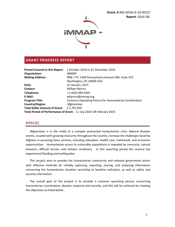 Grant Progress Report: Common Operating Picture for Humanitarian Coordination in Afghanistan