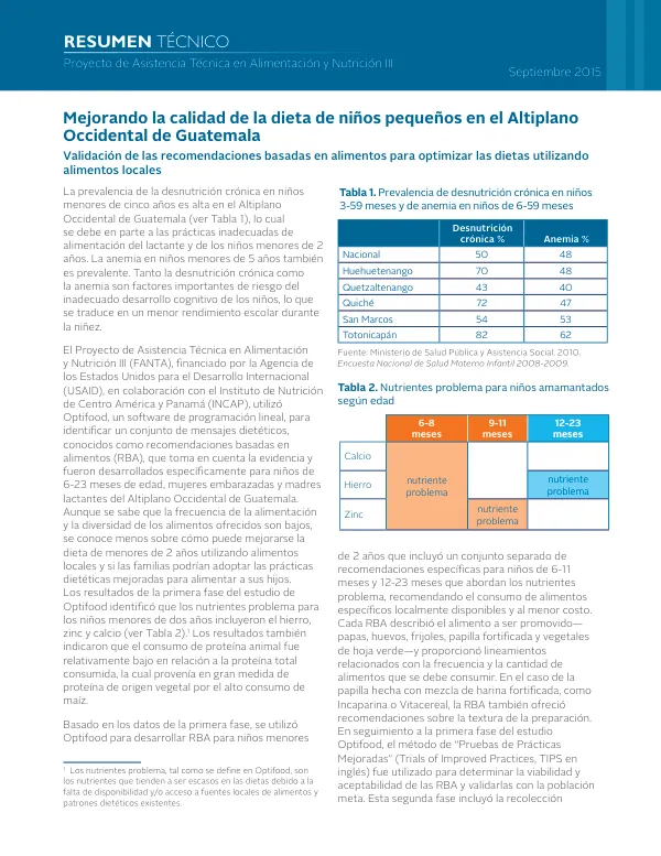 Mejorando la calidad de la dieta de niños pequeños en el Altiplano Occidental de Guatemala