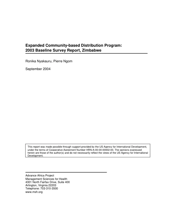 Expanded community-based distribution program : 2003 baseline survey report, Zimbabwe