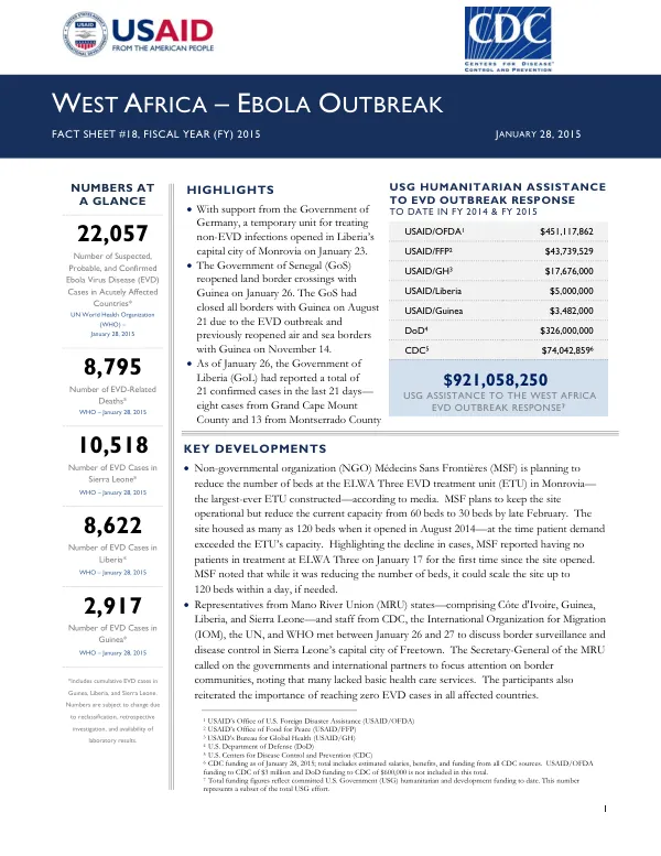 USG HUMANITARIAN ASSISTANCE TO EVD OUTBREAK RESPONSE TO DATE IN FY 2014 & FY 2015