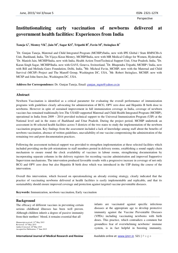 Institutionalizing early vaccination of newborns delivered at government health facilities: Experiences from India