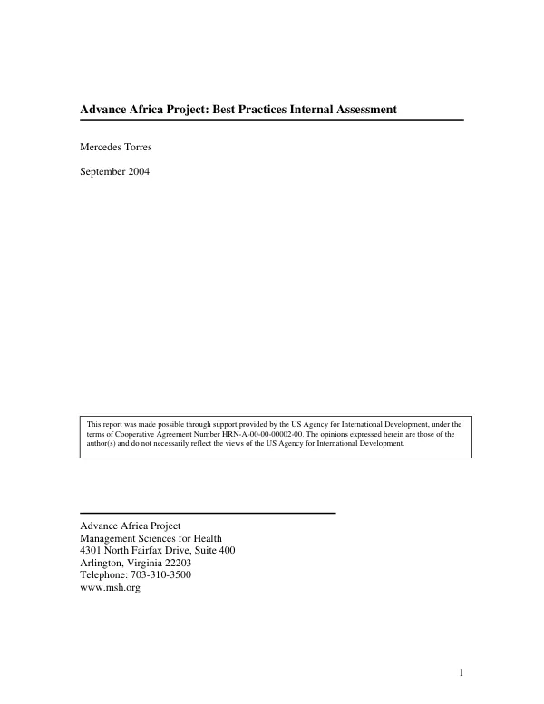 Advance Africa project : best practices internal assessment