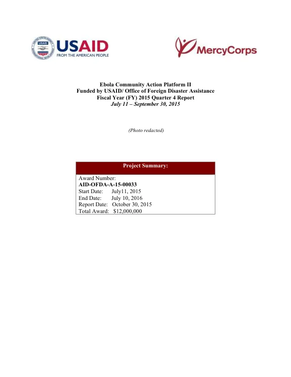 Ebola Community Action Platform II FY15 Q4 Quarterly Report July-September 2015