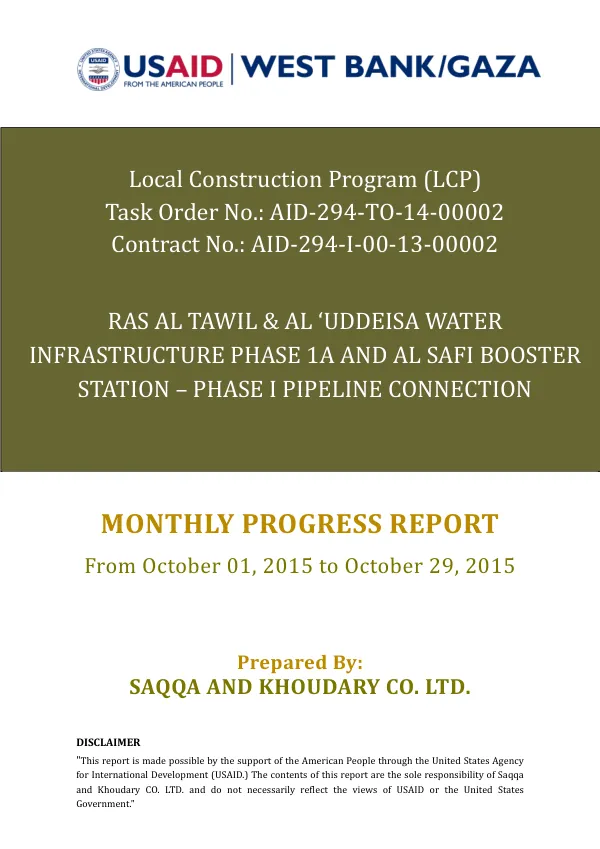 Monthly Progress Report for RAS AL TAWIL & AL ‘UDDEISA WATER INFRASTRUCTURE PHASE 1A AND AL SAFI BOOSTER STATION – PHASE I PIPELINE CONNECTION
