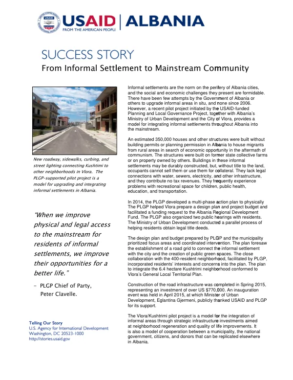 Year 4 Success Story: Vlora From Informal Settlement to Mainstream Community