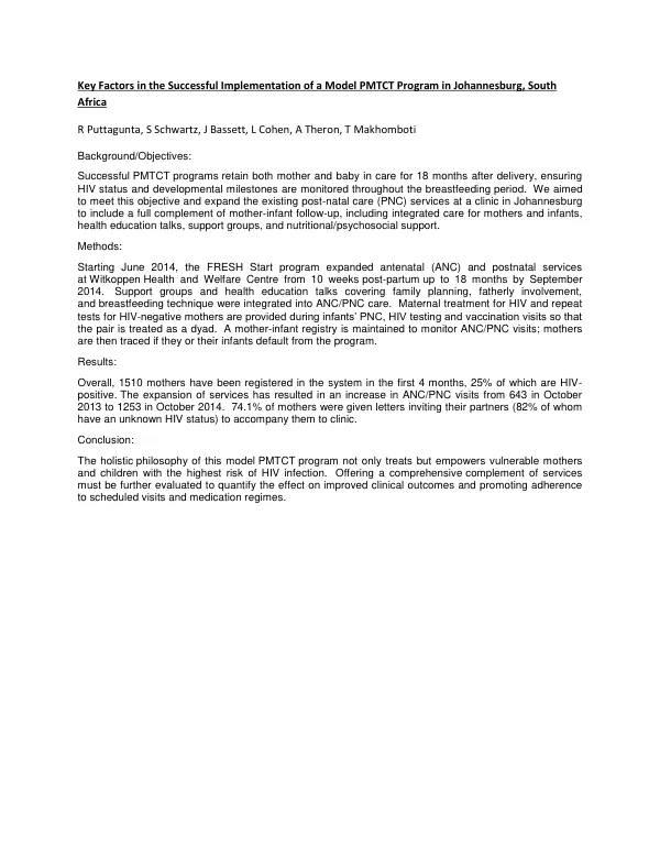 Key Factors in the Successful Implementation of a Model PMTCT Program in Johannesburg, South Africa
