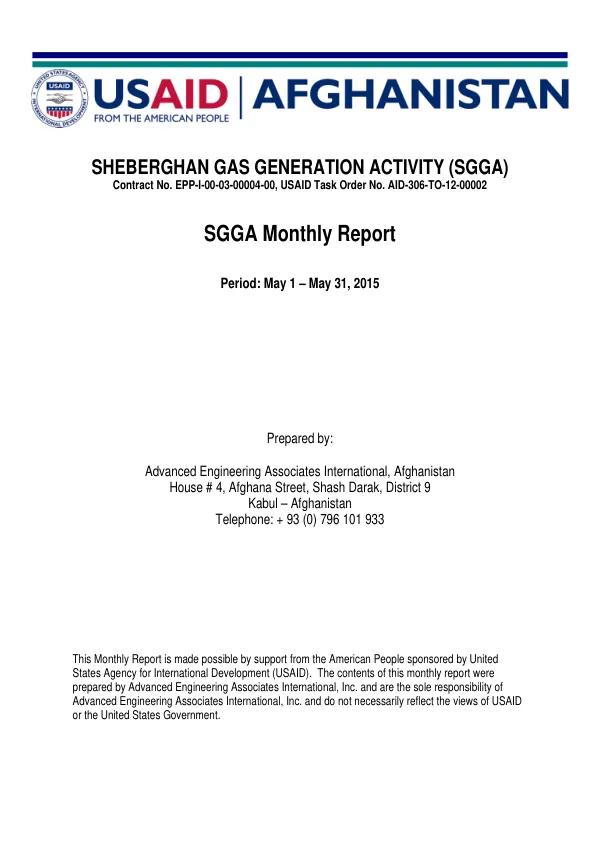 Sheberghan Gas Generation Activity (SGGA) Monthly Report