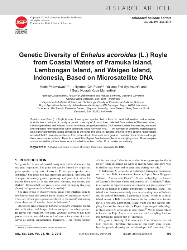 Genetic Diversity of Enhalus acoroides (L.) Royle from Coastal Waters of Pramuka Island, Lembongan Island, and Waigeo Island, Indonesia, Based on Microsatellite DNA