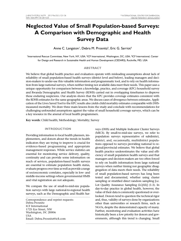 Neglected Value of Small Population-based Surveys: A Comparison with Demographic and Health Survey Data
