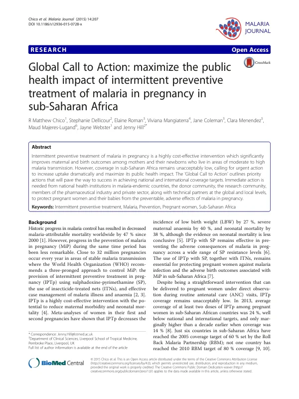 Global Call to Action: maximize the public health impact of intermittent preventive treatment of malaria in pregnancy in sub-Saharan Africa