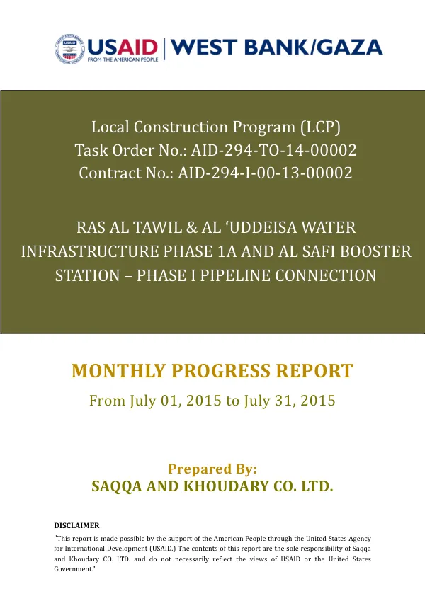 Monthly Progress Report for RAS AL TAWIL & AL ‘UDDEISA WATER INFRASTRUCTURE PHASE 1A AND AL SAFI BOOSTER STATION – PHASE I PIPELINE CONNECTION