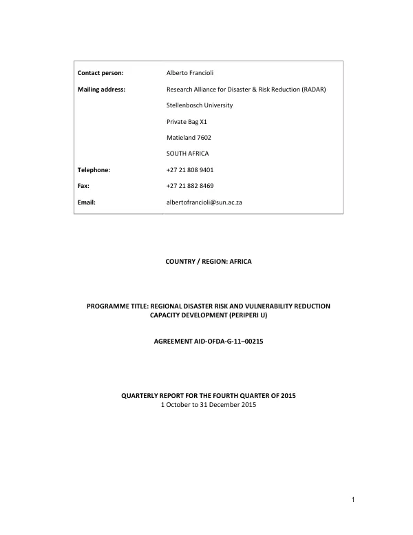Regional Disaster Risk and Vulnerability Reduction Capacity Development (Periperi U) Quarterly Report for the Fourth Quarter of 2015