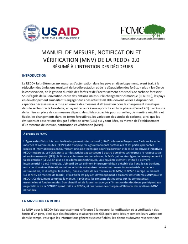 MANUEL DE MESURE, NOTIFICATION ET VÉRIFICATION (MNV) DE LA REDD+ 2.0
