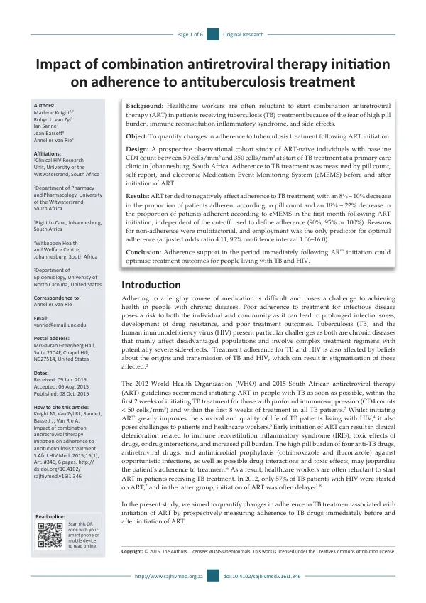 Impact of combination antiretroviral therapy initiation on adherence to antituberculosis treatment