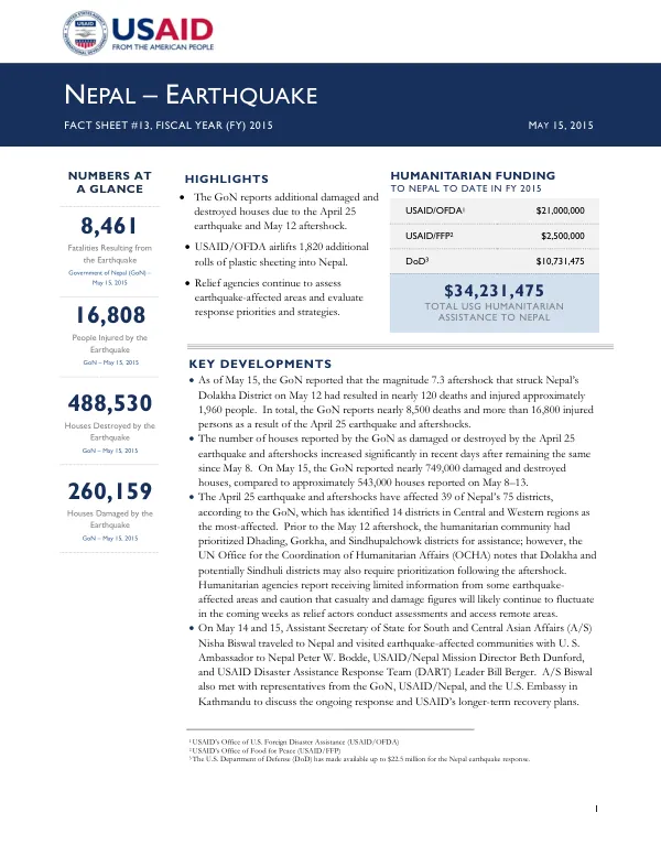 Nepal – Earthquake Fact Sheet #13, Fiscal Year (FY) 2015