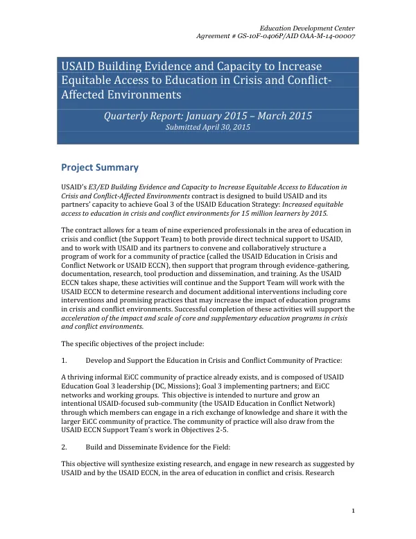 USAID E3/ED Building Evidence and Capacity to Increase Equitable Access to Education in Crisis and Conflict-Affected Environments Quarterly Report: January 2015 – March 2015