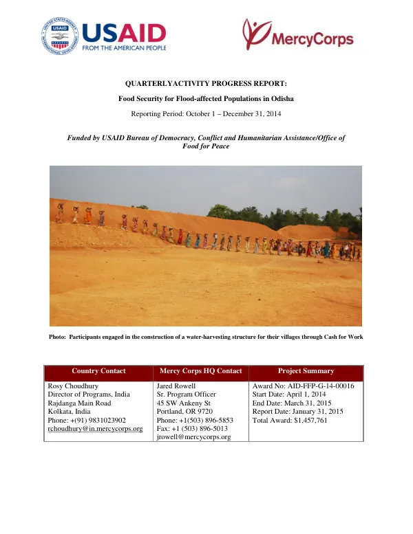 Quarterly Progress Report: Food Security for Flood-affected Populations in Odisha