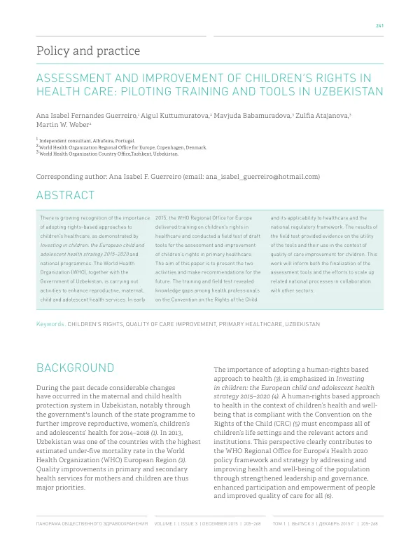 Assessment and Improvement of Children’s Rights in Health Care: Piloting Training and Tools in Uzbekistan