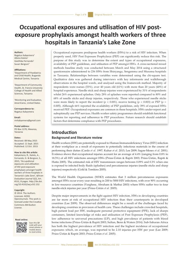 Occupational exposures and utilisation of HIV post-exposure prophylaxis amongst health workers of three hospitals in Tanzania’s Lake Zone
