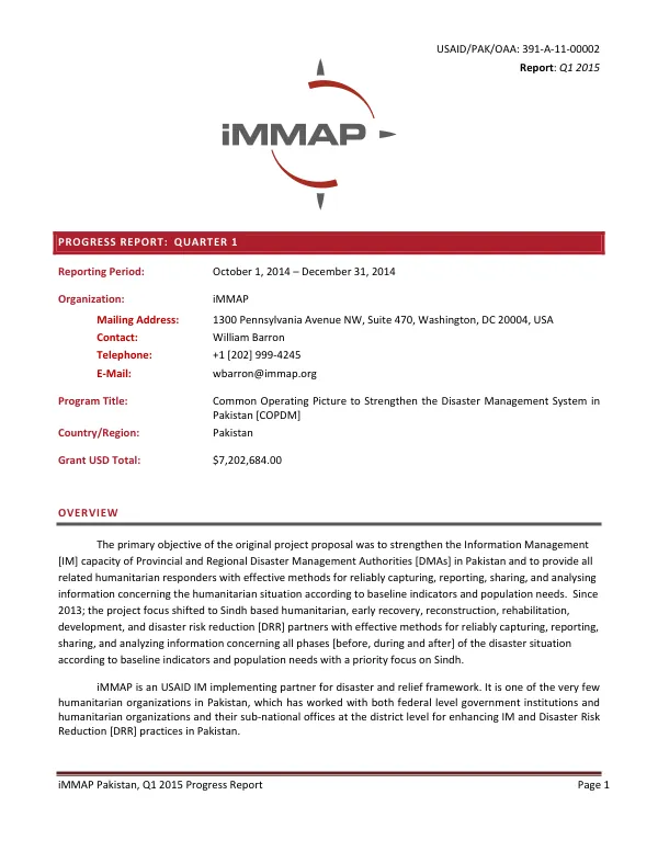 iMMAP Pakistan, Q1 2015 Progress Report
