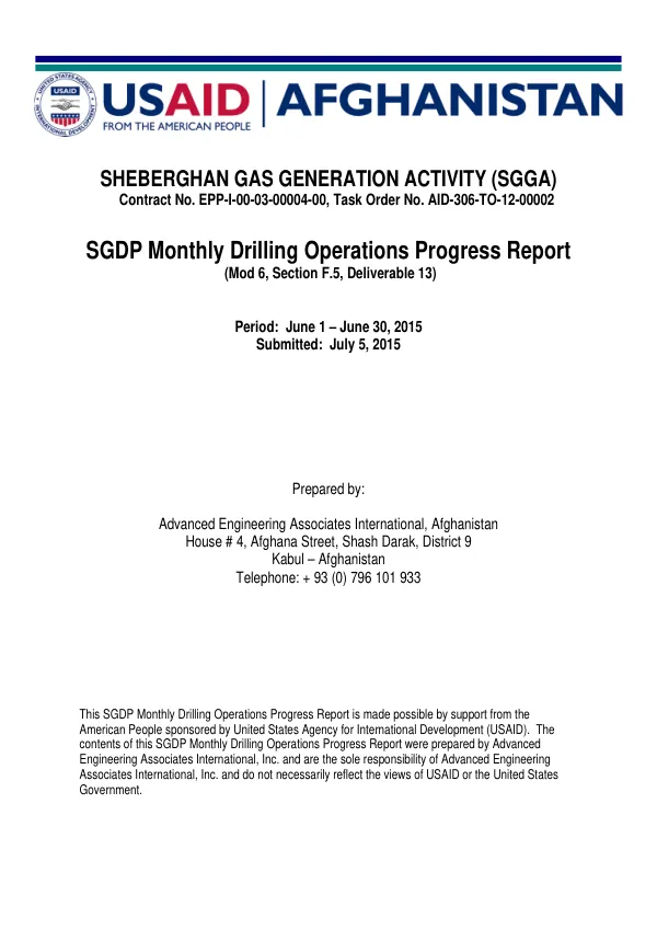 SGDP Monthly Drilling Operations Progress Report