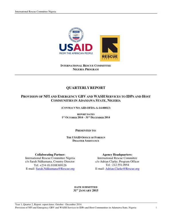 Provision of NFI and Emergency GBV and WASH Services to IDPs and Host Communities in Adamawa State, Nigeria