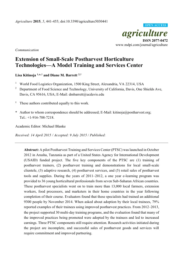 Extension of Small-Scale Postharvest Horticulture Technologies—A Model Training and Services Center