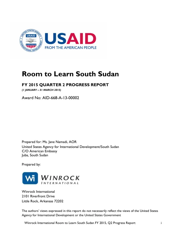 Winrock International Room to Learn South Sudan FY 2015 Q2 Progress Report