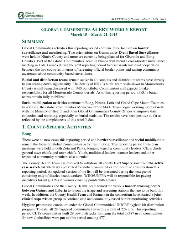 ALERT Weekly Report – March 15-21, 2015